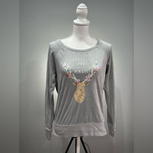 CLEARANCE! Gray Muk Luks Graphic Velour Sweatshirt/Sleepshirt Size S EUC - Picture 1 of 5